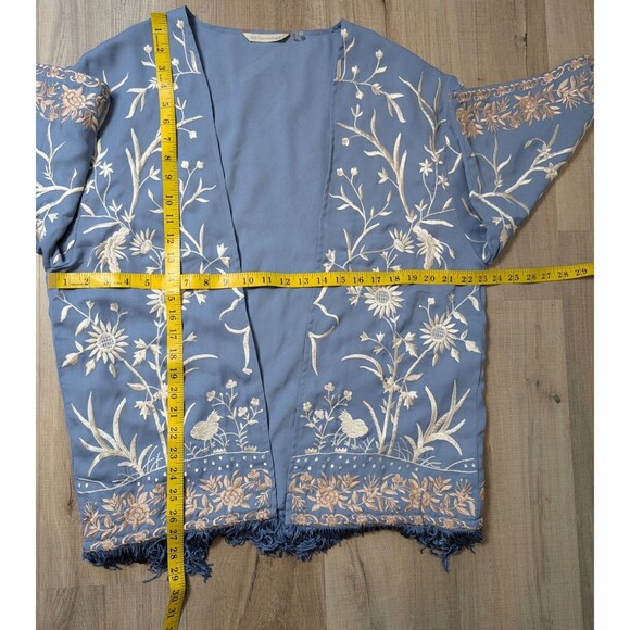 Soft Surroundings Size S/M Hidden Garden Fringe Blue Cream Embroidered Kimono - Picture 11 of 11